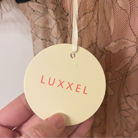 NWT Luxxel Sheer Lace Gown with Slip Formal Blush Nude Tan Belted Silhouette New - Picture 8 of 13